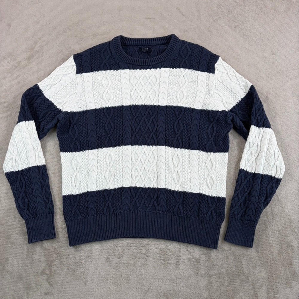J Crew Striped Fisherman Crewneck Sweater in Navy Ivory Men Large Cable Knit